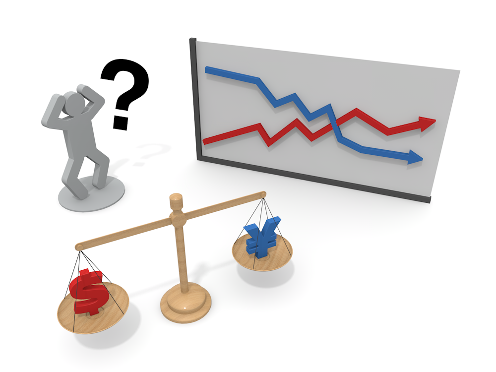 An illustration showing exchange rate fluctuations and investment uncertainty. A high-quality free illustration featuring a dollar and yen on a scale, a fluctuating graph, and a confused person.