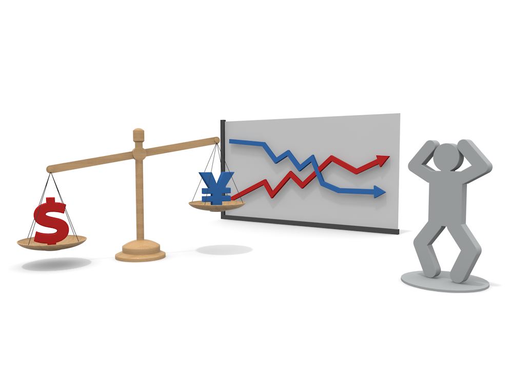 Illustration showing the situation of the yen's depreciation and the dollar's depreciation and economic anxiety. A high-quality free illustration depicting a scale with the dollar leaning heavily, a graph of a fluctuating exchange rate, and a confused person.
