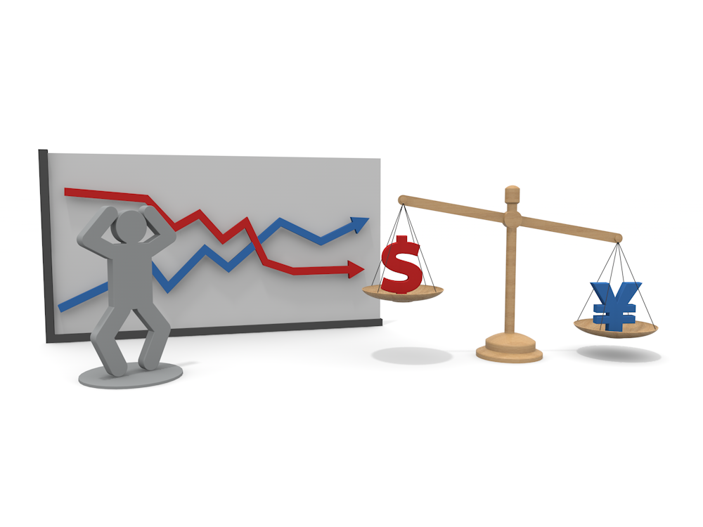 An illustration showing the economic situation and anxiety of a strong dollar and a weak yen. A high-quality free illustration featuring a scale tilted heavily by the dollar, a graph of a fluctuating exchange rate, and a person holding his head.