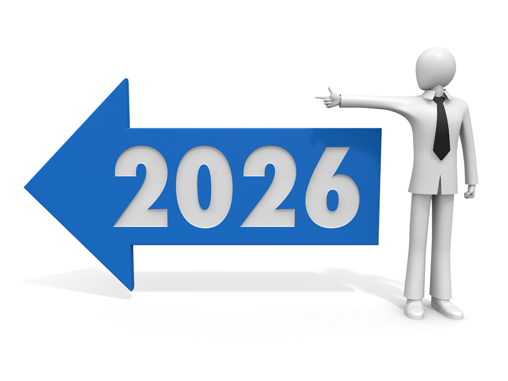 2026年の数字が書かれた青い左向きの矢印と、それを指差す白い人型のビジネスパーソンの3Dイラスト。未来の目標、進捗、時間管理を表現。