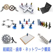 歯車の連携、迷路攻略、PCセキュリティ、ネットワーク組織図、中心人物、整列、アンケート点検、ステップアップの階段など、組織とシステムを表す3D人物イラスト集。
