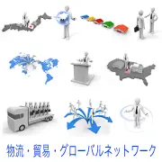 日本地図の完成、クラウドとデータ共有、世界ネットワーク、米国への投資、トラックの人材輸送、拡散と循環の矢印など、情報の流れや市場展開を表す3D人物イラスト集。