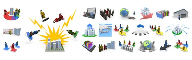 日本地図やパズルのピース、円グラフ、イノベーションを表す衝撃のイメージ、協力するビジネスマン（3Dピクトグラム）など、戦略とチームワークを表現したイラスト素材。