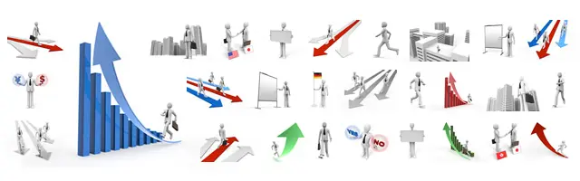 上昇や下降を示す矢印、分岐点、通貨記号（円・ドル）を持つ人、プレゼンテーションを行うビジネスマンなど、市場動向や選択肢を表現した3Dイラスト素材。