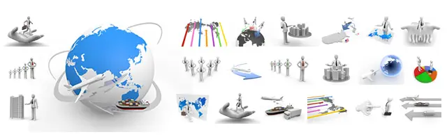 巨大な地球儀を取り巻く輸送網、整列する人々、積み上げられたドラム缶、世界地図と矢印など、国際貿易やサプライチェーン管理を表現したビジネス3D素材セット。